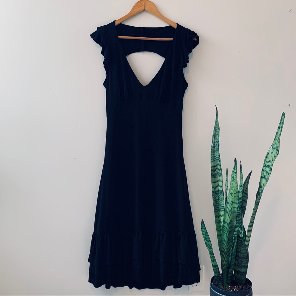 Flowy black mid-length Dress with Open Back